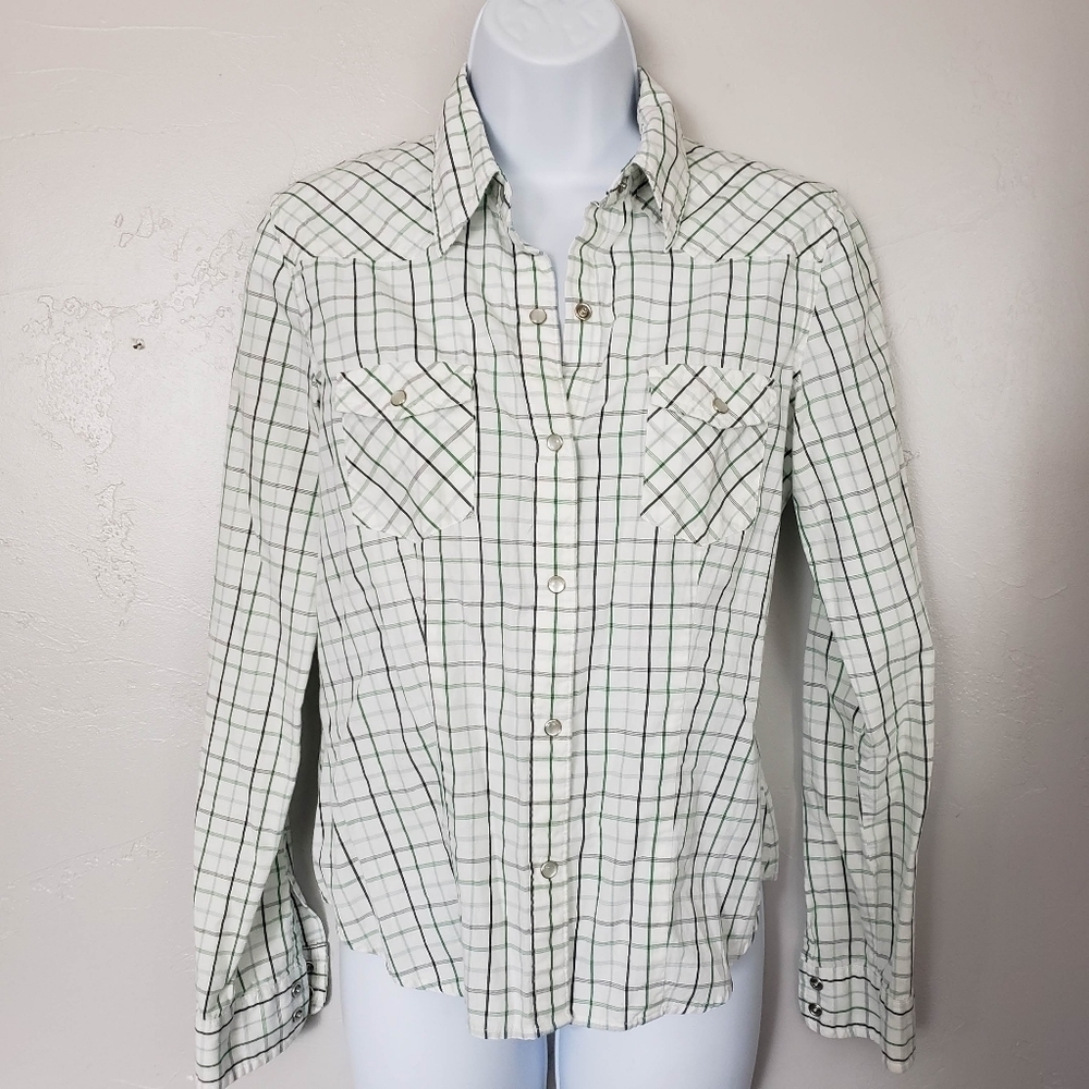 American Eagle Women's Small Long Sleeve Snap Button Up Shirt Green White Plaid